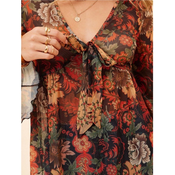 Sheer Mesh Bohemian Floral Flared V-Neck Shirt Long Bell Sleeve - Picture 12 of 13
